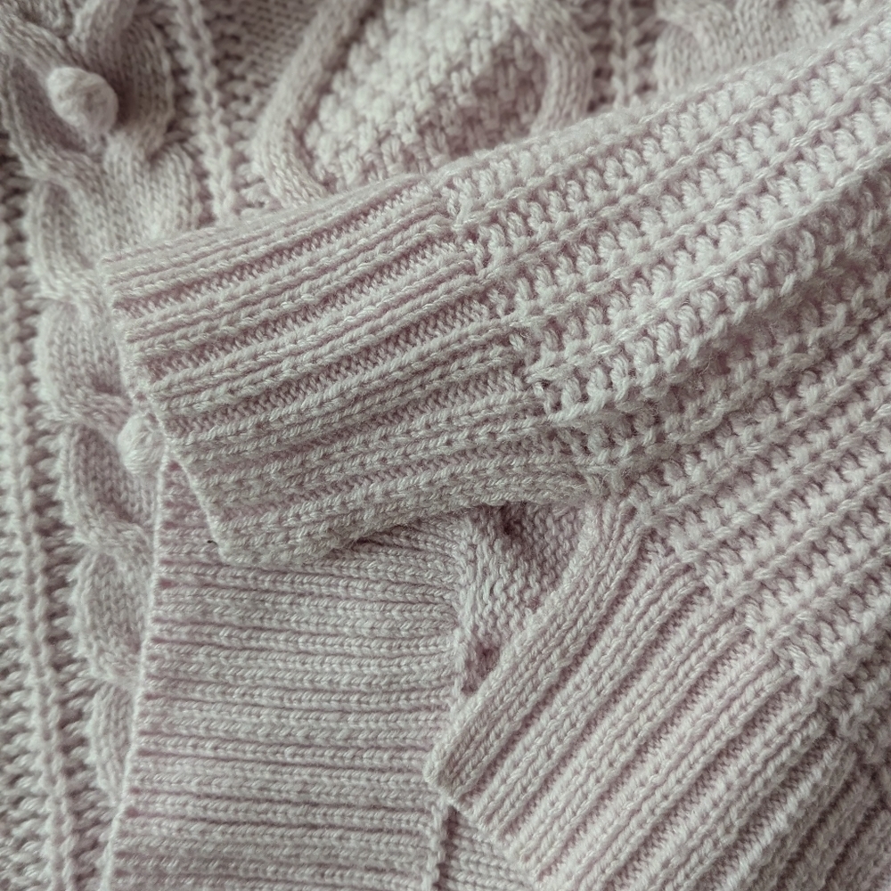 J. Crew Cable Knit Pom Pom Women's Lilac Azra Knit Lambswool Fisherman Sweater L - Picture 11 of 12